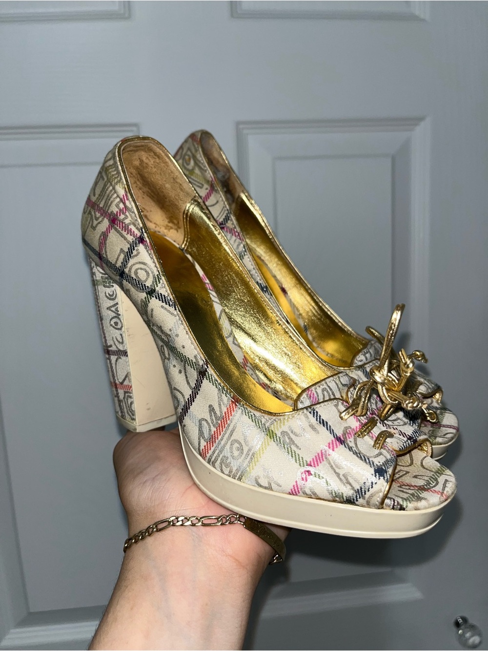 Coach Multicolor Plaid Peep-Toe Heels with Gold Chain